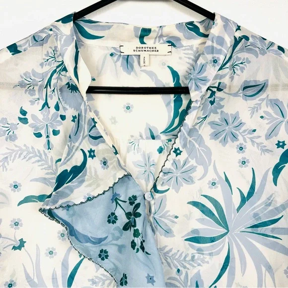 Dorothee Schumacher Floral Blue & Green Ruffled Long Sleeve Blouse Top 2/Small - Picture 4 of 7